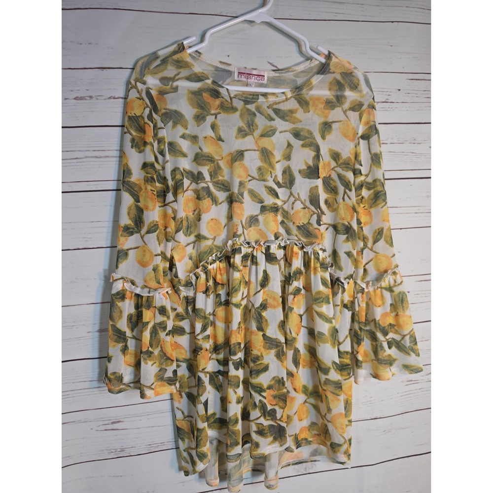 Mishca Womens Lemon Print Mesh Babydoll Tunic Top Bell Sleeve Yellow Large